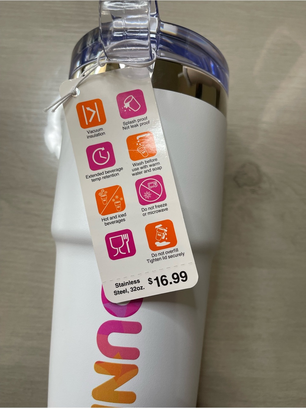 NWT Dunkin White Insulated 32oz Tumbler - Pink/Orange Logo